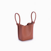 Bolsa de couro feminina Caramelo estilo Bucket, marca Soleah, parte traseira e alça curta de mão