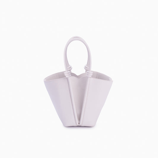 Bolsa de couro feminina Off White estilo Bucket, marca Soleah, posição da bolsa de frente com alça de mão