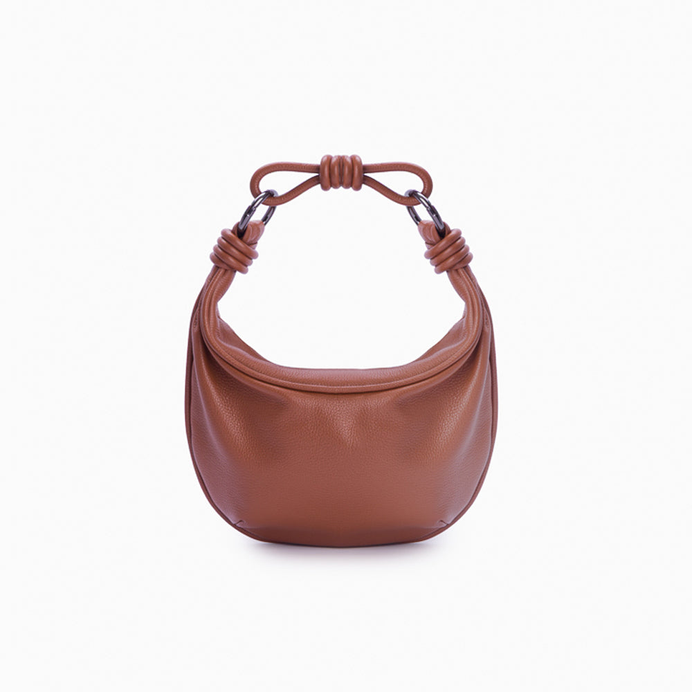 Bolsa de couro feminina Caramelo estilo Hobo, marca Soleah, posição da bolsa de frente com alça de mão