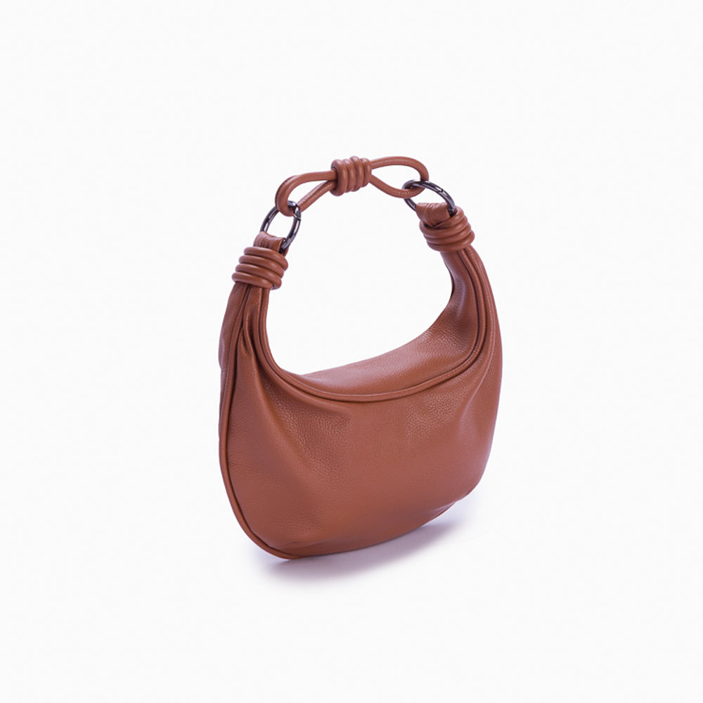 Bolsa de couro feminina Caramelo estilo Hobo, marca Soleah, posição da bolsa lateral com alça de mão