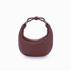 Bolsa de couro feminina Marrom estilo Hobo, marca Soleah, posição da bolsa de frente com alça de mão