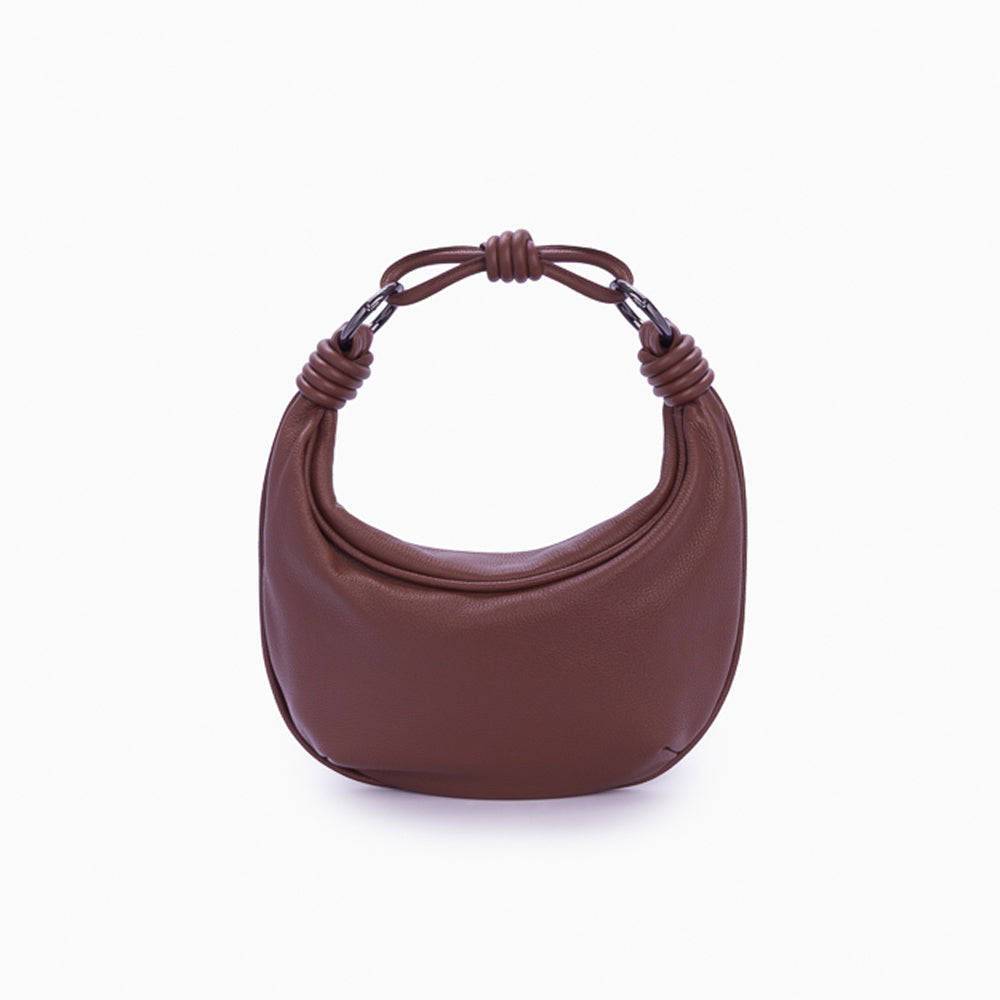 Bolsa de couro feminina Marrom estilo Hobo, marca Soleah, posição da bolsa de frente com alça de mão