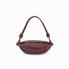 Bolsa de couro feminina Marrom estilo pochete, marca Soleah, posição da bolsa de frente com alça ajustável
