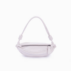 Bolsa de couro feminina Off White estilo pochete, marca Soleah, posição da bolsa de frente com alça ajustável