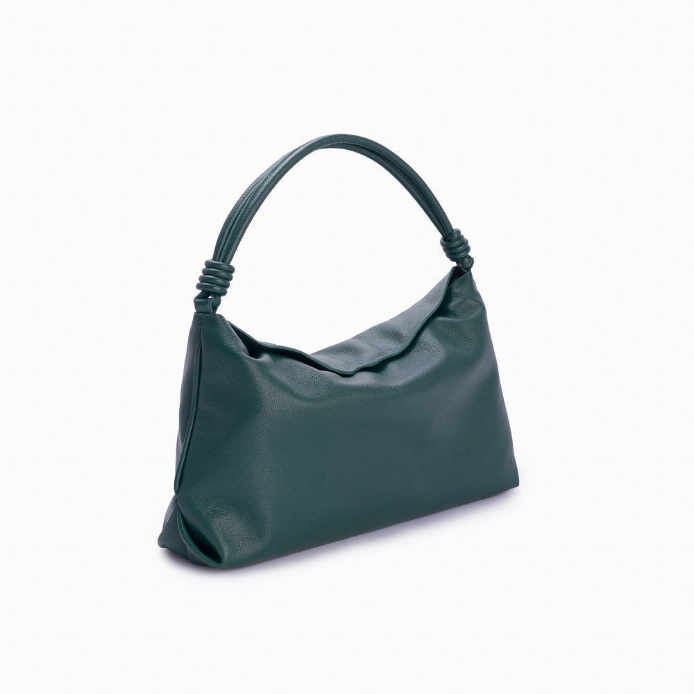Hobo Loop Soleah em couro verde: bolsa hobo de formato macio e alongado, com alça de ombro e acabamento de linhas orgânicas; vista lateral em três quartos, mostrando profundidade, laterais, volume e construção da peça.