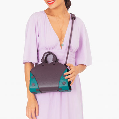 Bolsa Mini Baú Carmen Roxo Berinjela com Verde Alga Marinha